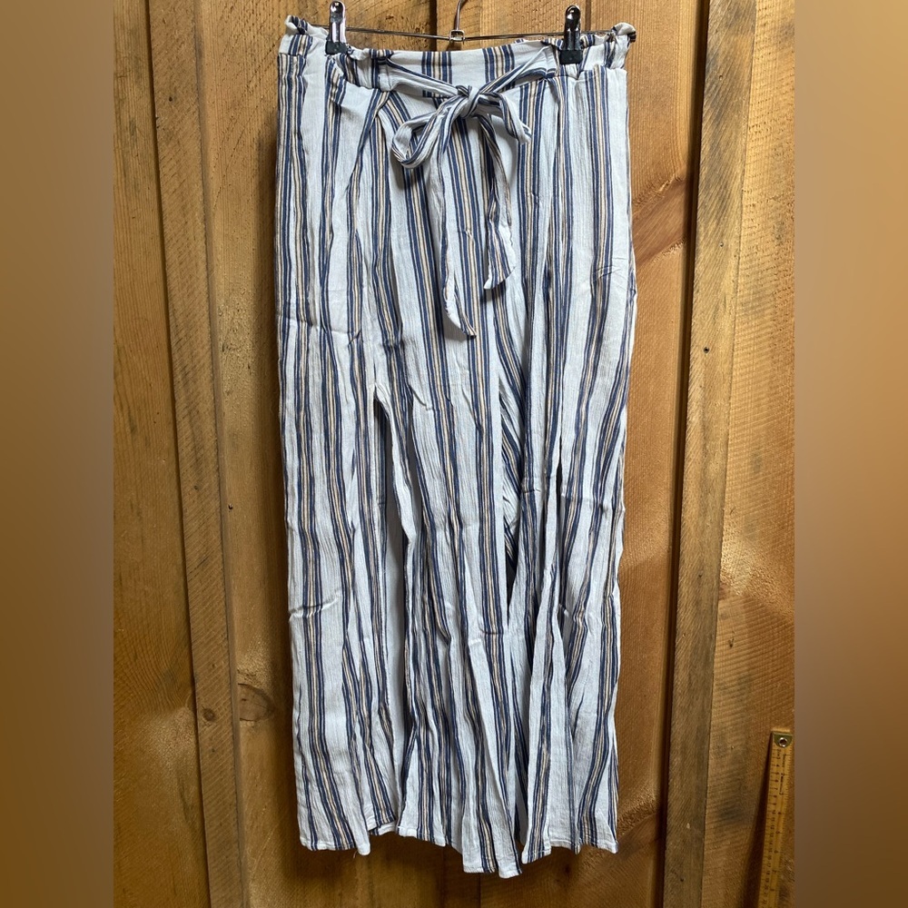 Simplee Striped Wide Split Leg Palazzo Pants Womens Large Tie Waist Boho Beach